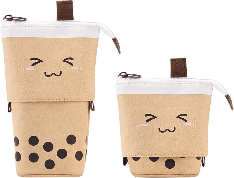 woobles Cute Pencil Case Sliding Unique Telescopic Pencil Bag Milk Tea Shape Retractable Storage Bag Cosmetic Bag 1PC, Brown, Stationery - Image 1